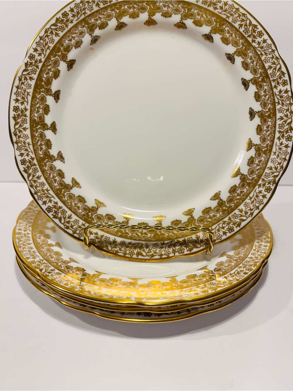 Vintage Royal Stafford Gold Regent Filigree Salad Plates Set of 4 Scalloped Rim